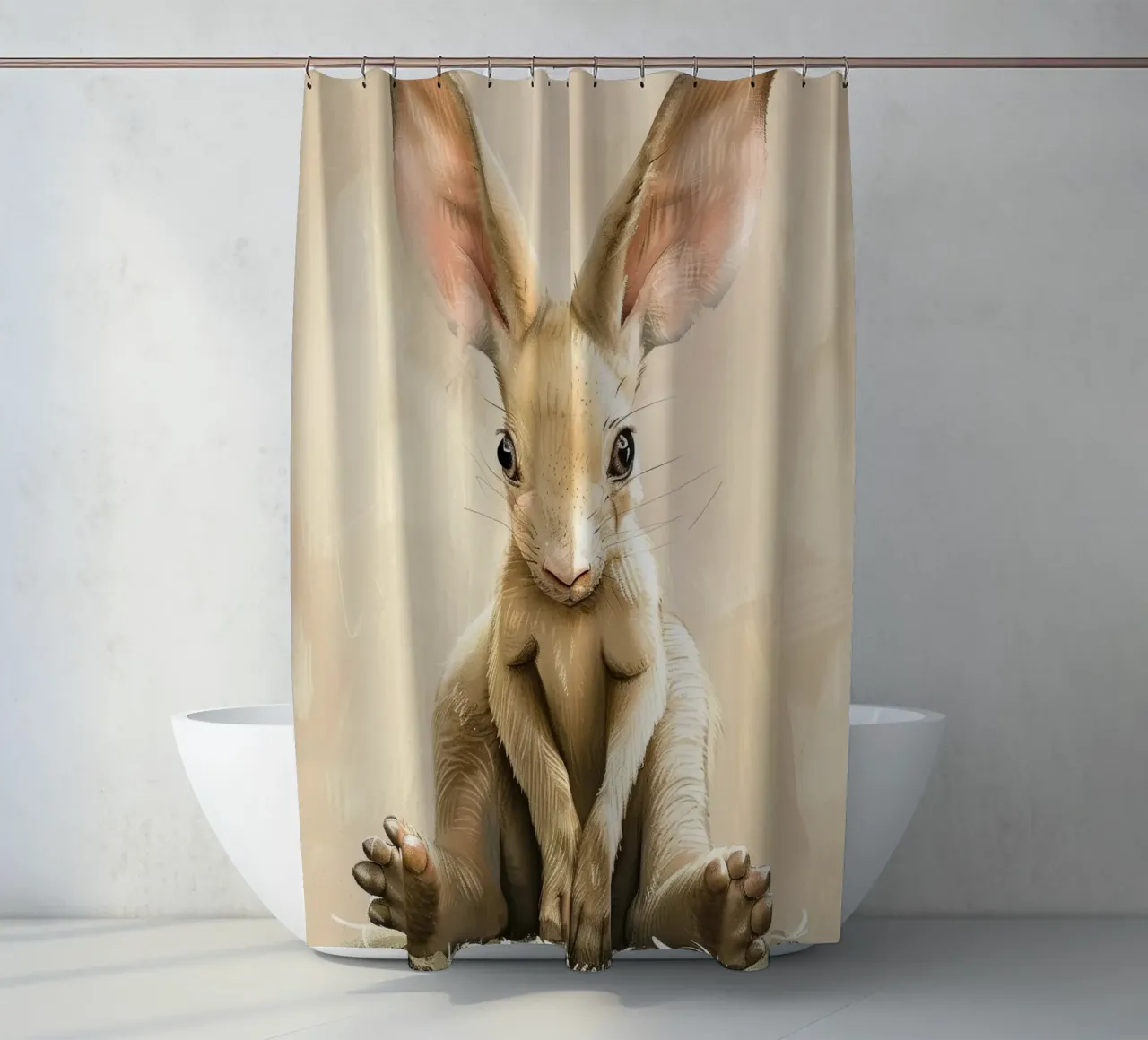 a baby rabbit sitting gracefully & calmly with large ears shower curtain by DesignDoodle