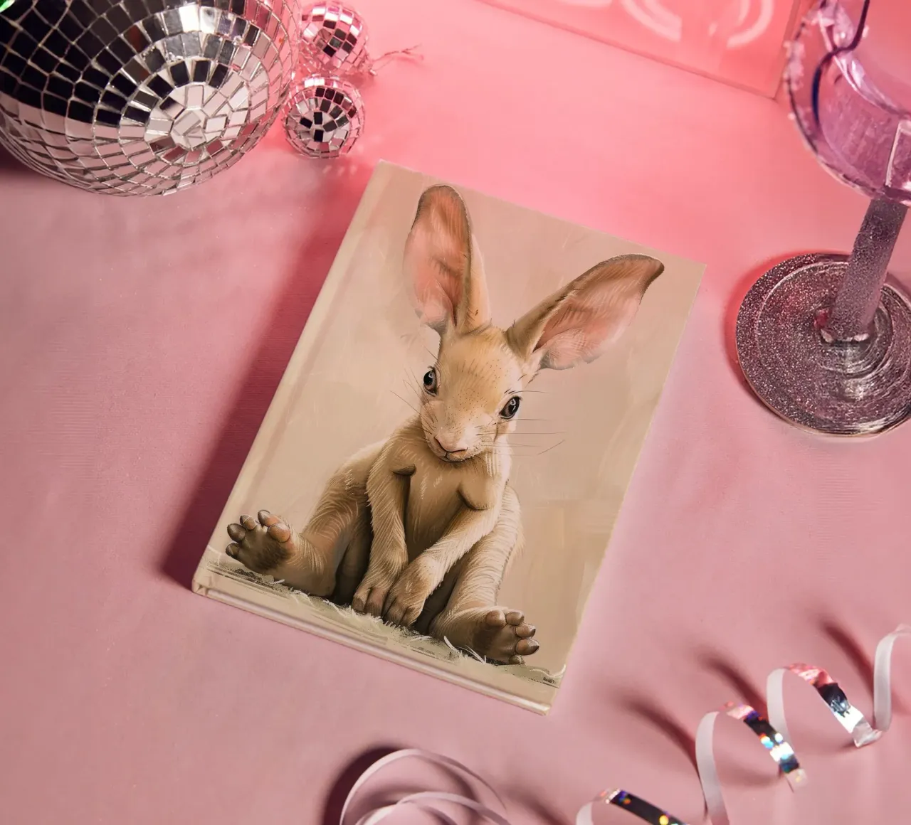 a baby rabbit sitting gracefully & calmly with large ears notebook by DesignDoodle