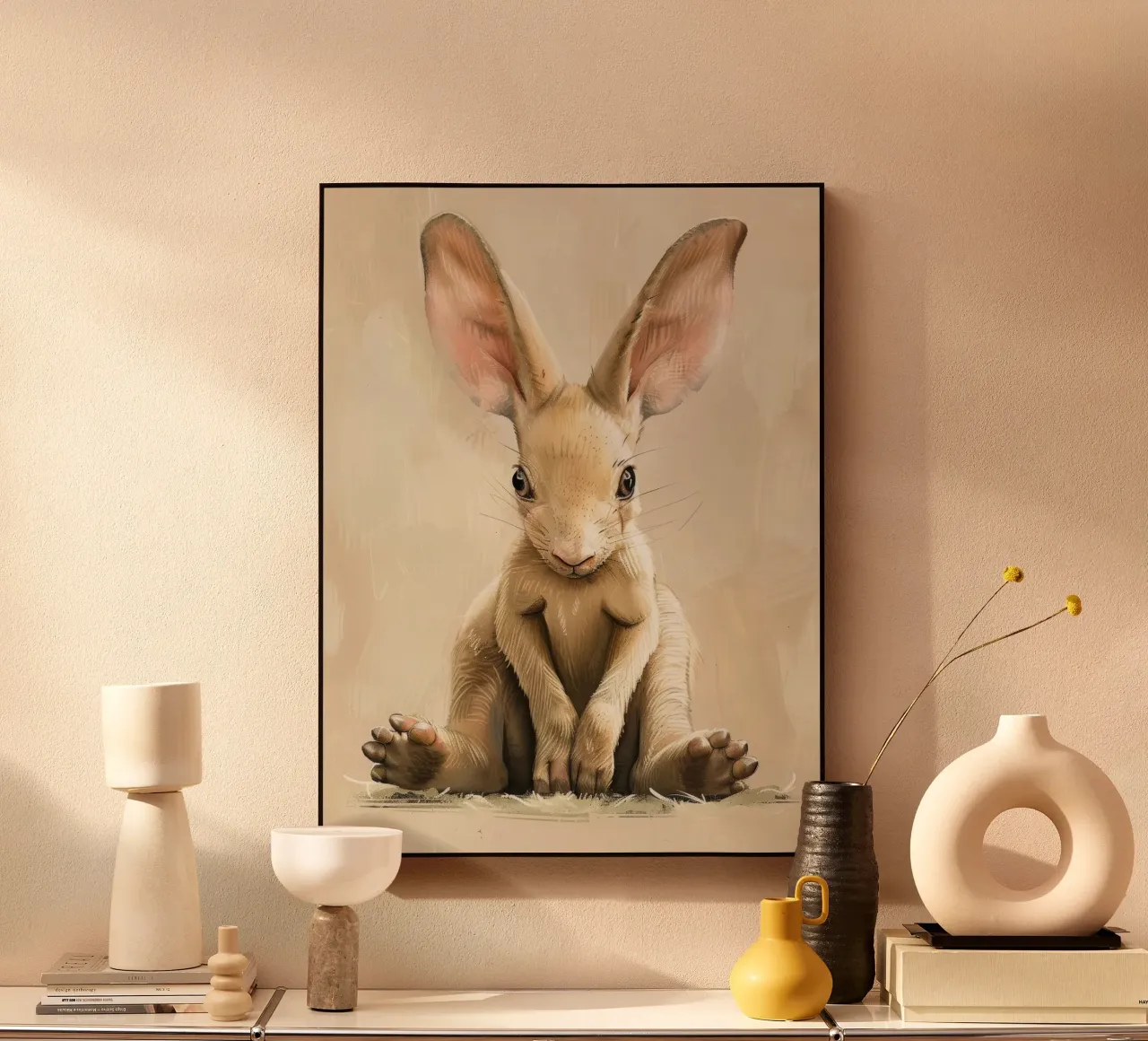 un bébé lapin assis gracieusement et calmement avec de grandes oreilles plexiglas de DesignDoodle