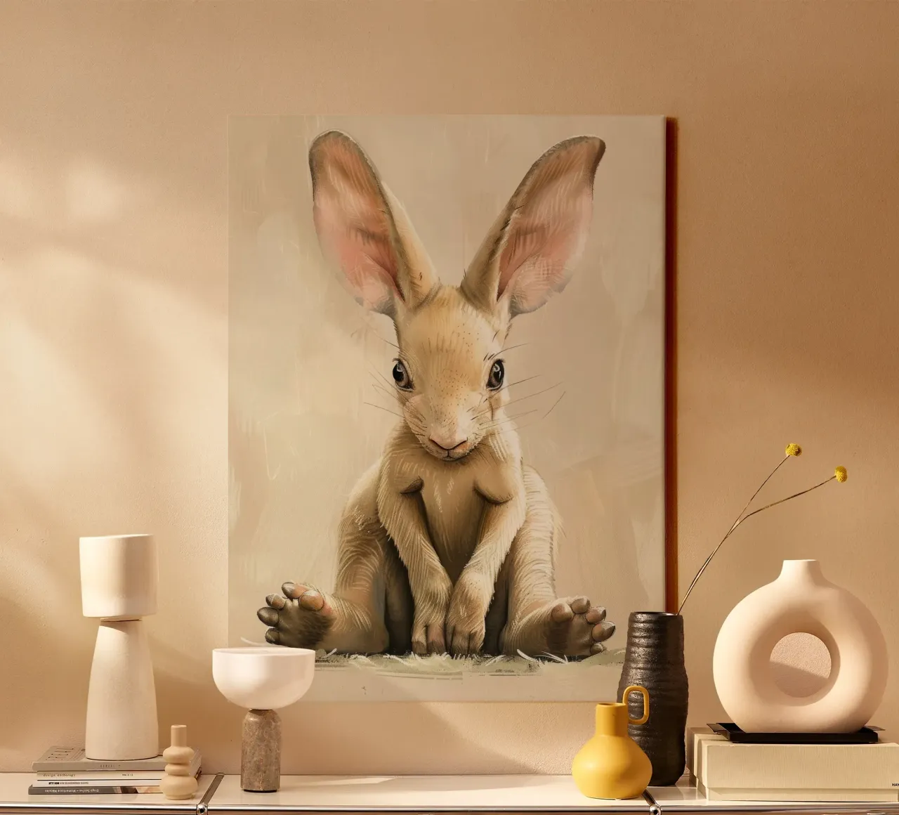 a baby rabbit sitting gracefully & calmly with large ears canvas by DesignDoodle