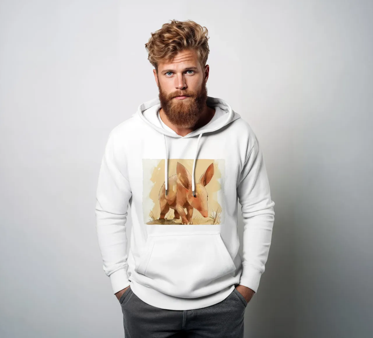 un oritteropo che cammina in un paesaggio polveroso, con la sua curiosa felpa con cappuccio da DesignDoodle