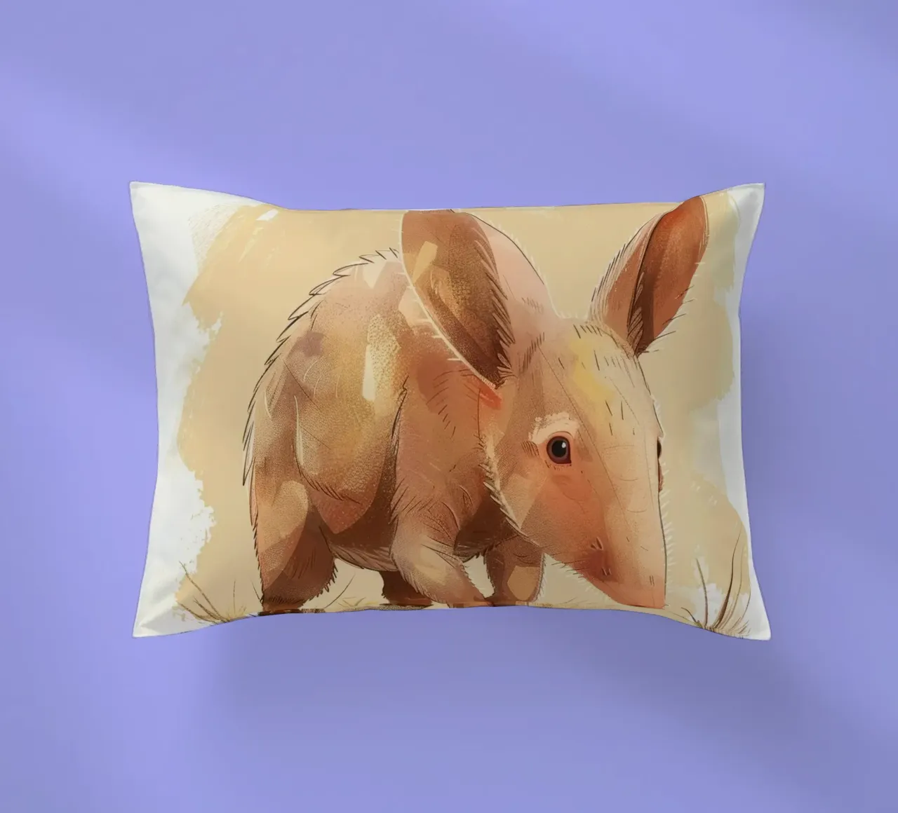 un oritteropo che cammina in un paesaggio polveroso, con la sua curiosa cuscino da DesignDoodle