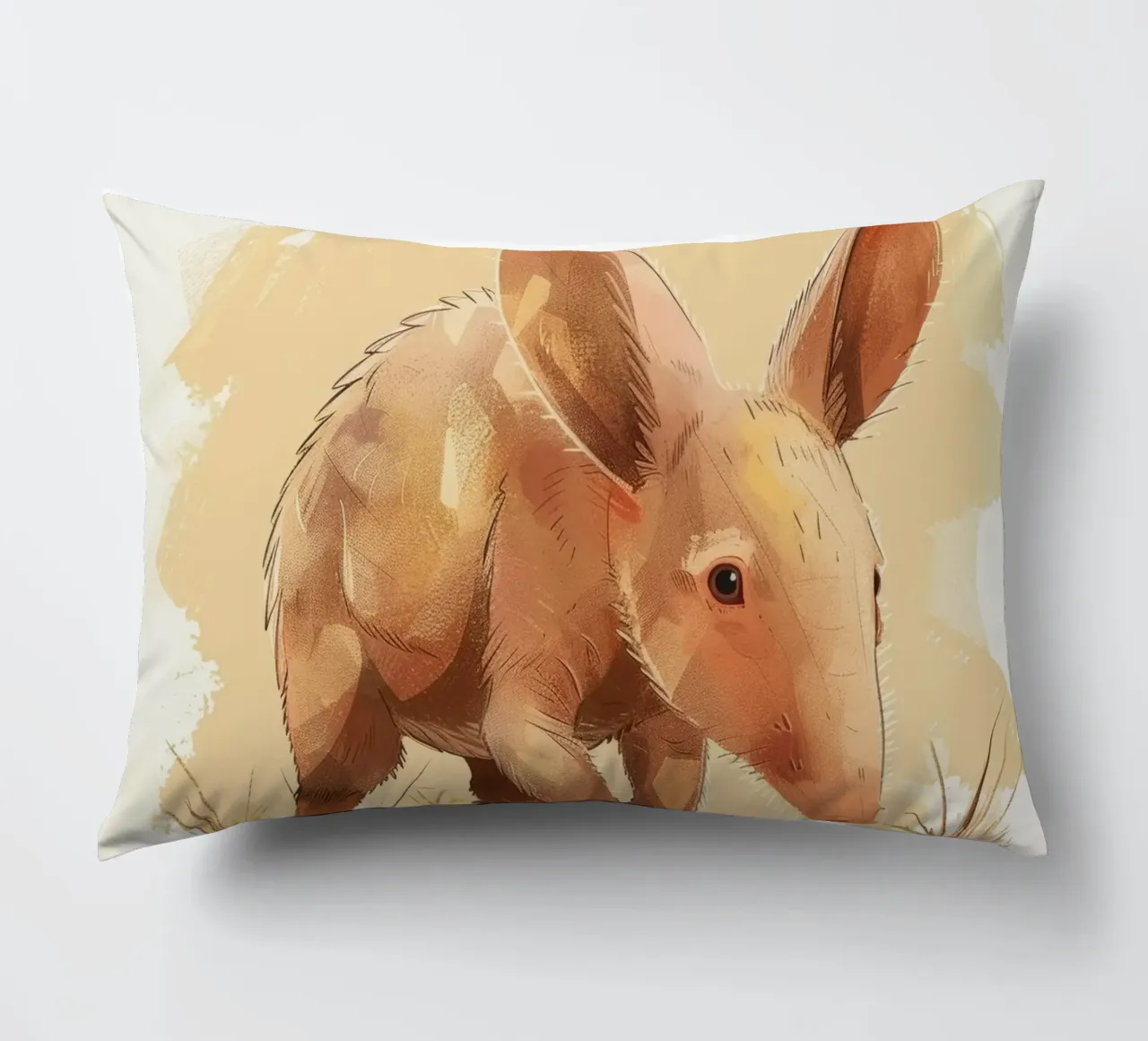 un oritteropo che cammina in un paesaggio polveroso, con la sua curiosa cuscino da DesignDoodle