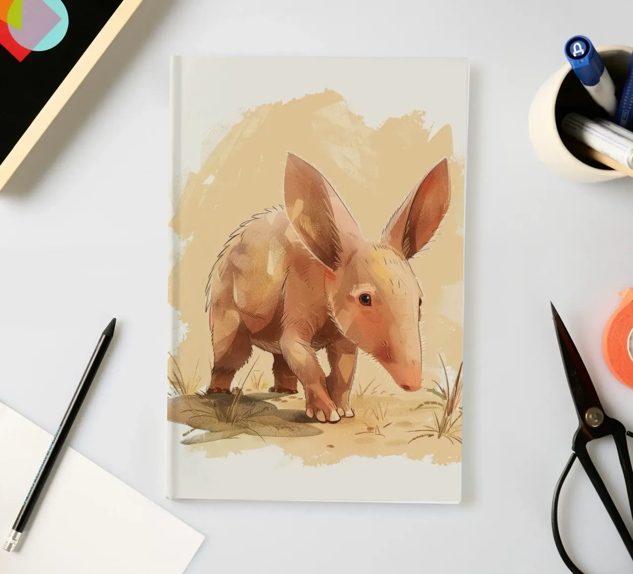 aardvark walking through a dusty landscape, with its curious notebook by DesignDoodle
