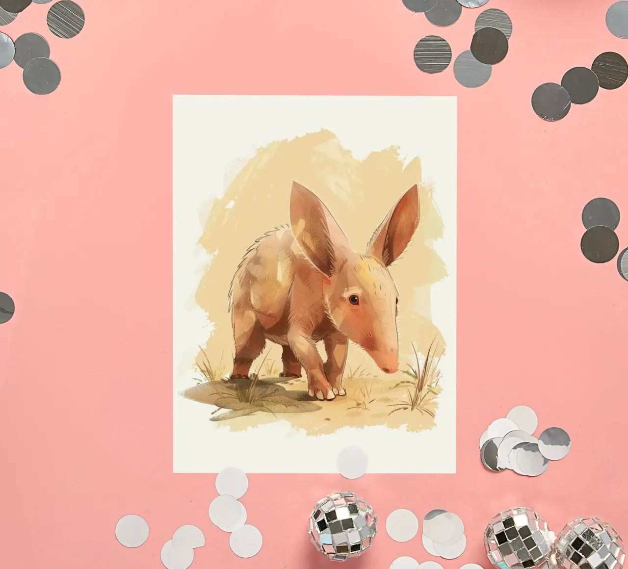 un oryctérope marchant dans un paysage poussiéreux, avec sa curieuse autocollant de DesignDoodle