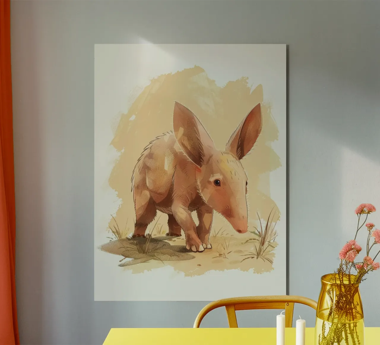 un oritteropo che cammina in un paesaggio polveroso, con la sua curiosa alluminio dibond da DesignDoodle