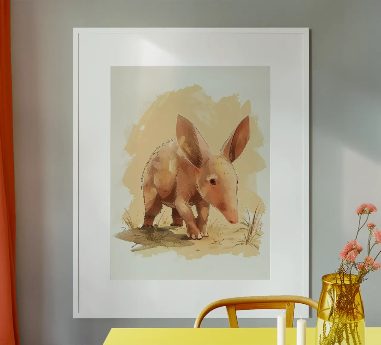 un oritteropo che cammina in un paesaggio polveroso, con la sua curiosa carta hahnemühle da DesignDoodle