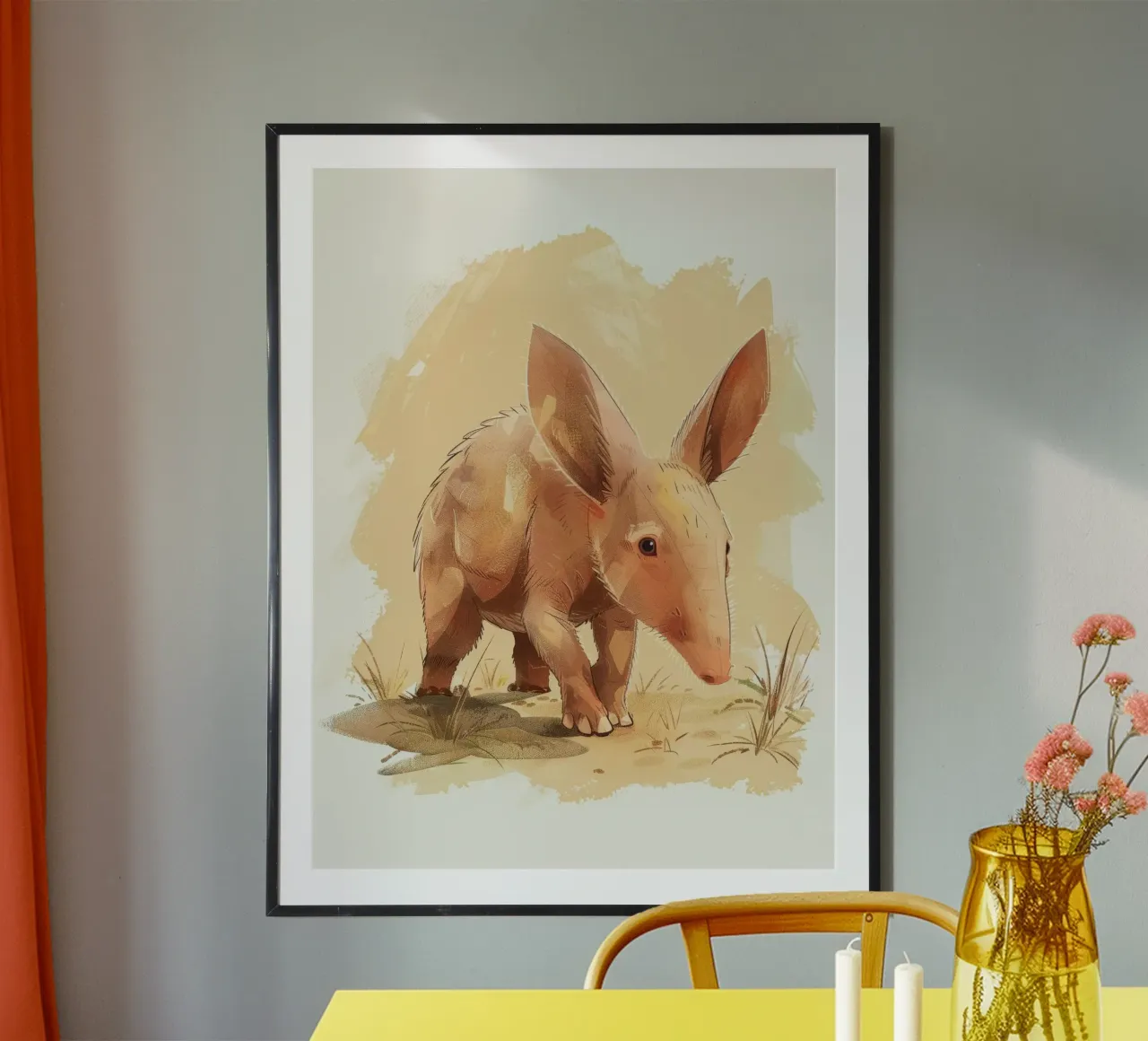 un oritteropo che cammina in un paesaggio polveroso, con la sua curiosa carta hahnemühle da DesignDoodle