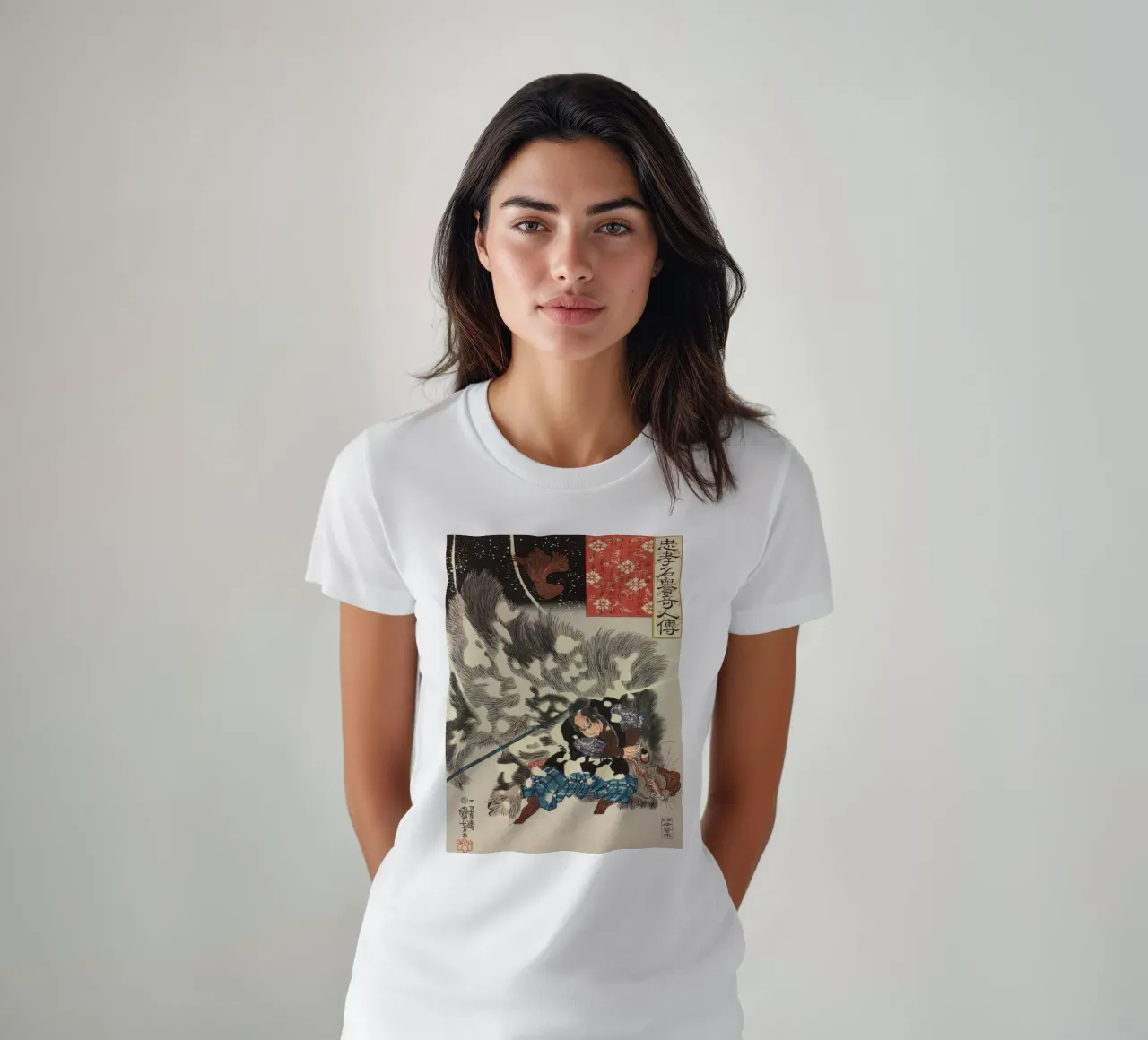 Samurai che uccide un cinghiale gigante - Ukiyo-e giapponese d'epoca t-shirt da Masterpieces Of Japanese Art