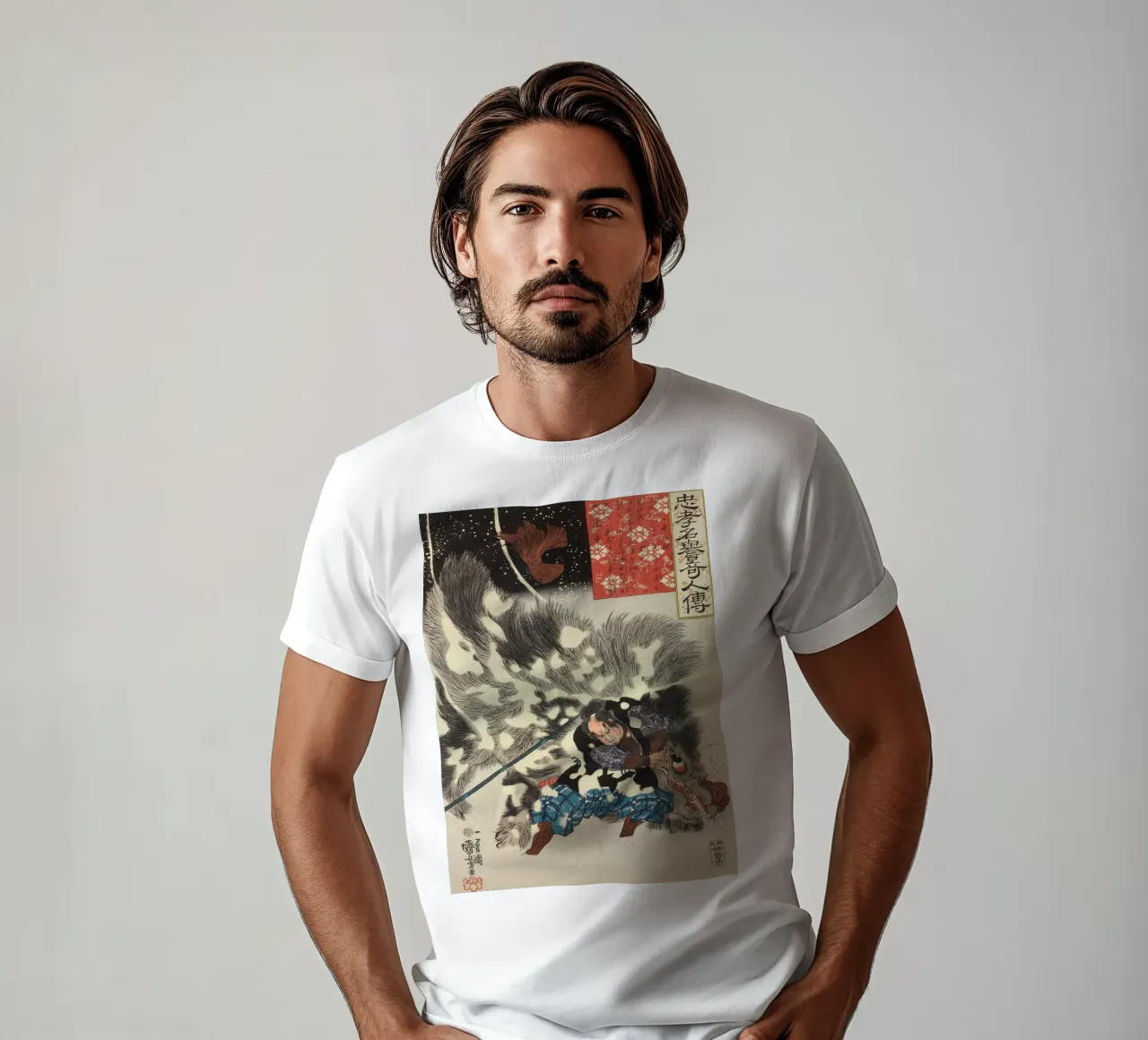 Samurai che uccide un cinghiale gigante - Ukiyo-e giapponese d'epoca t-shirt da Masterpieces Of Japanese Art