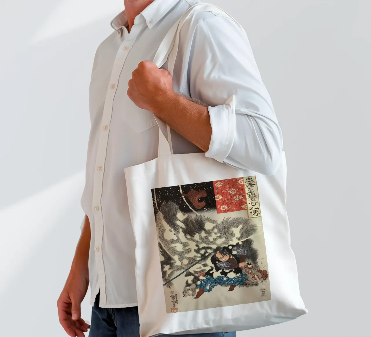 Samouraï tuant un sanglier géant - Ukiyo-e japonais d'époque tote bag de Masterpieces Of Japanese Art
