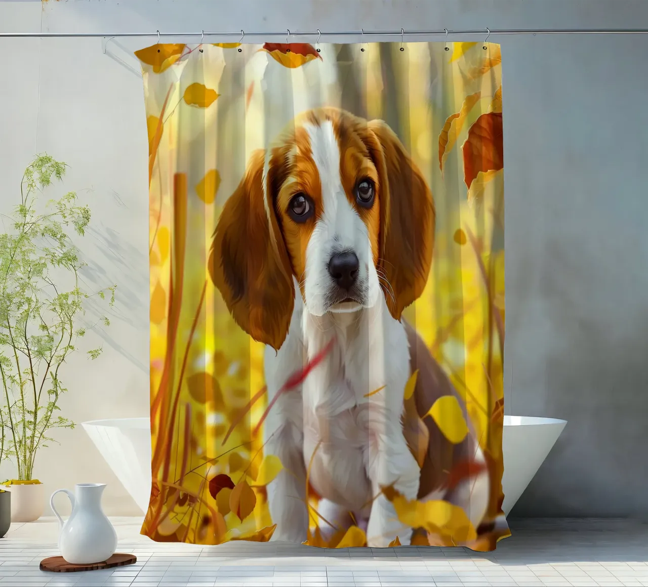 Der Herbstspaziergang des Beagle: Zwischen fallenden Blättern Duschvorhang von DesignDoodle