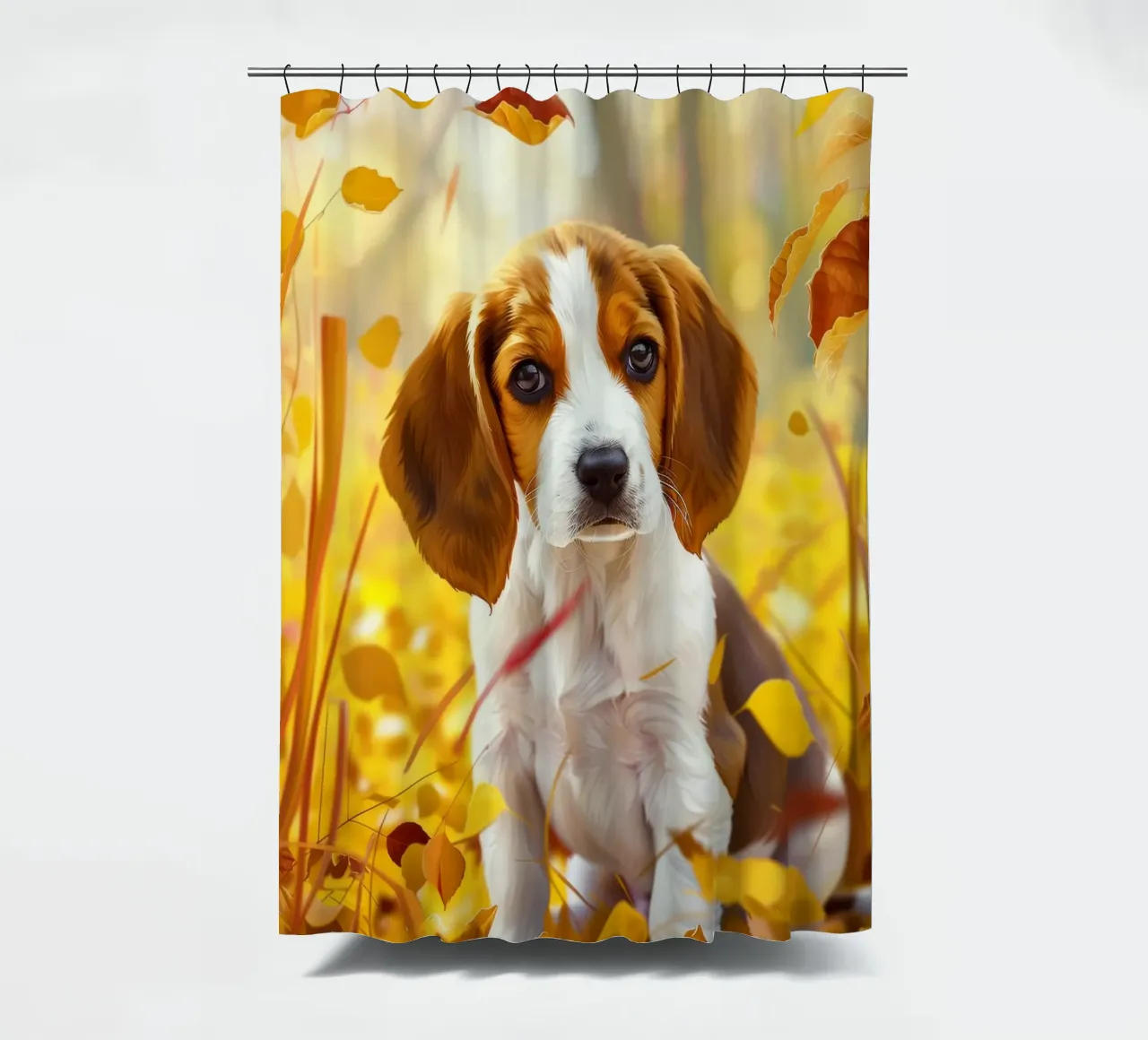 Der Herbstspaziergang des Beagle: Zwischen fallenden Blättern Duschvorhang von DesignDoodle
