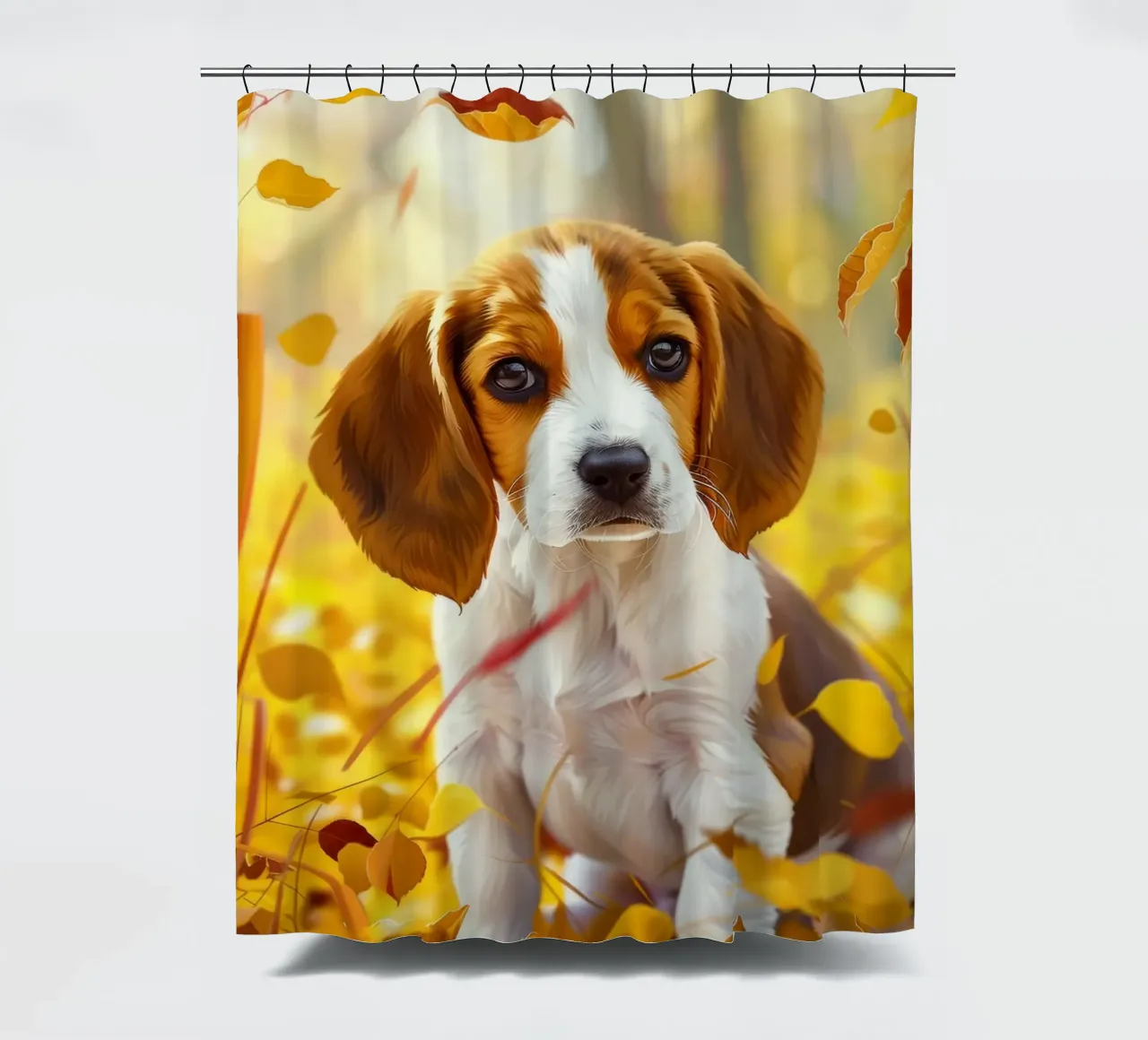 Der Herbstspaziergang des Beagle: Zwischen fallenden Blättern Duschvorhang von DesignDoodle