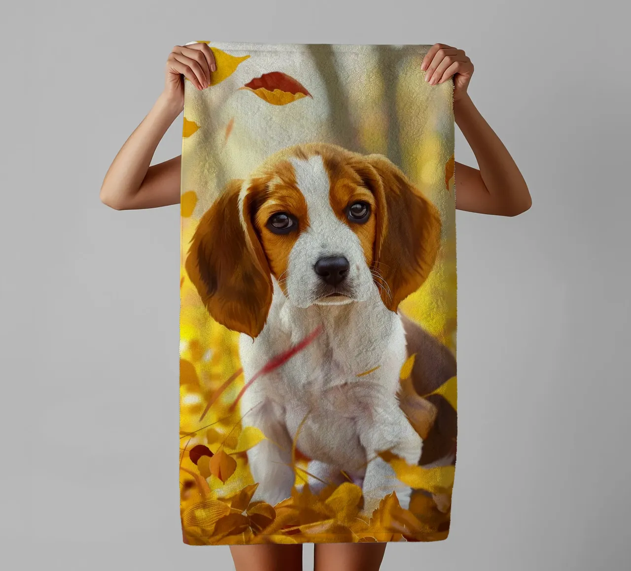 Der Herbstspaziergang des Beagle: Zwischen fallenden Blättern Handtuch von DesignDoodle