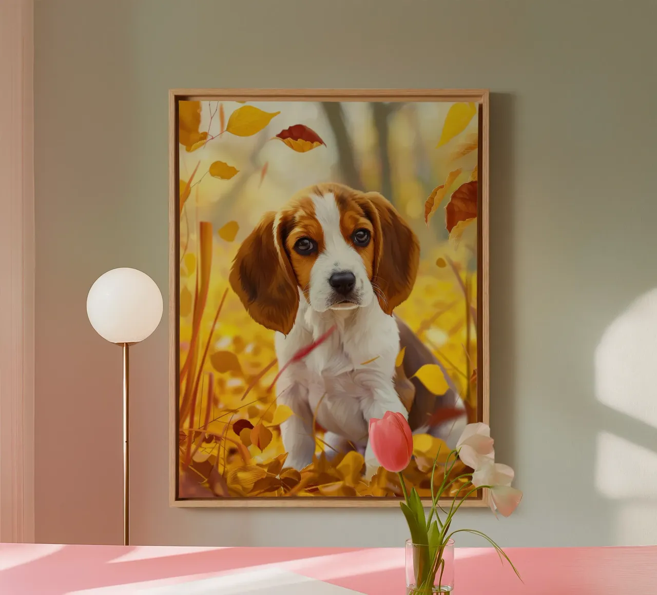 Der Herbstspaziergang des Beagle: Zwischen fallenden Blättern Leinwand mit Schattenfugenrahmen von DesignDoodle