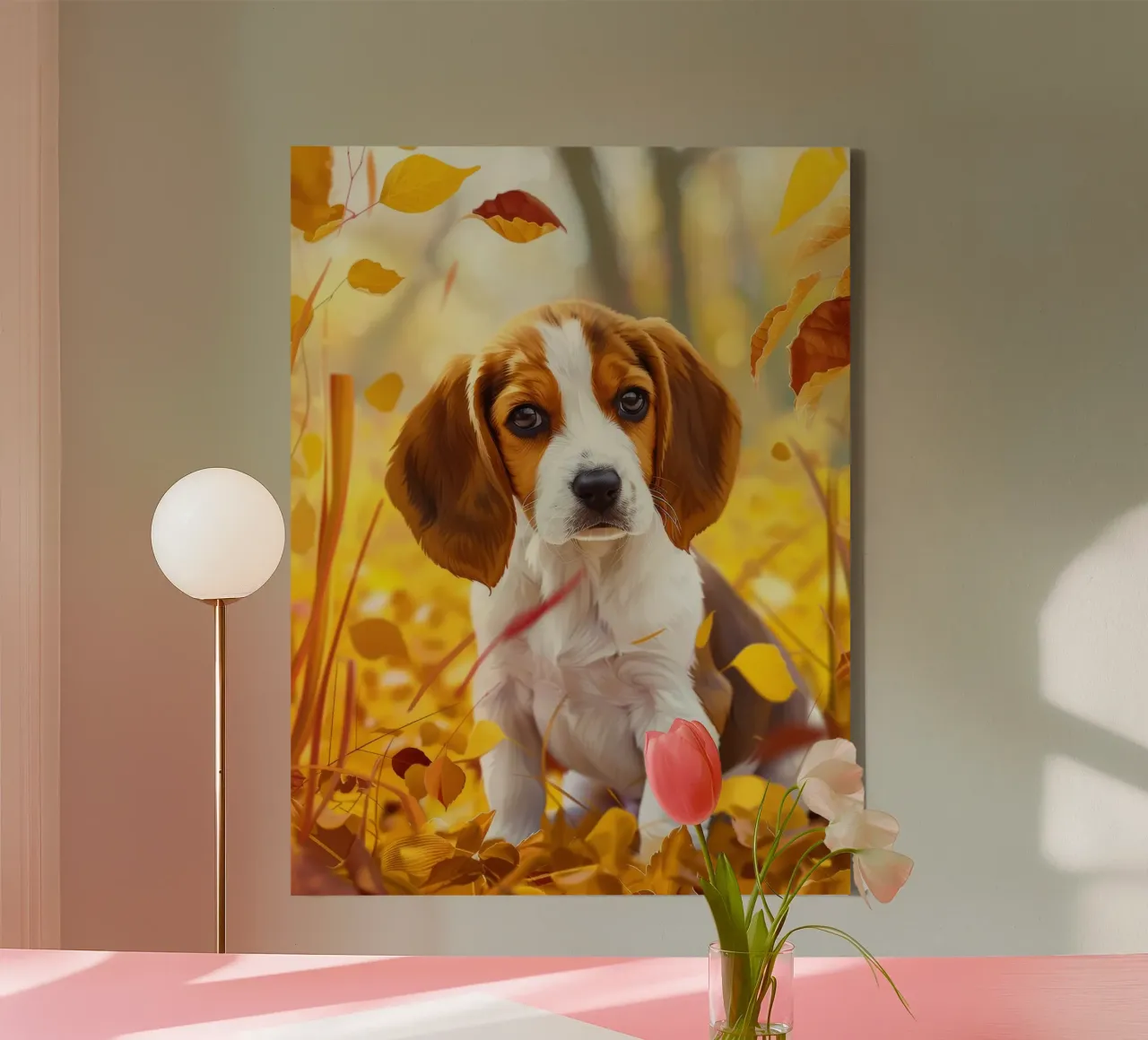 Der Herbstspaziergang des Beagle: Zwischen fallenden Blättern Leinwand mit Schattenfugenrahmen von DesignDoodle