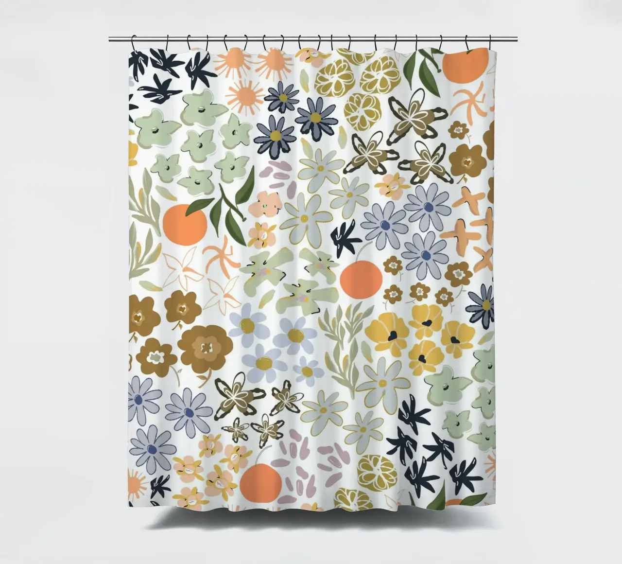 Ditsy colorful pattern with oranges shower curtain by gulsengunel