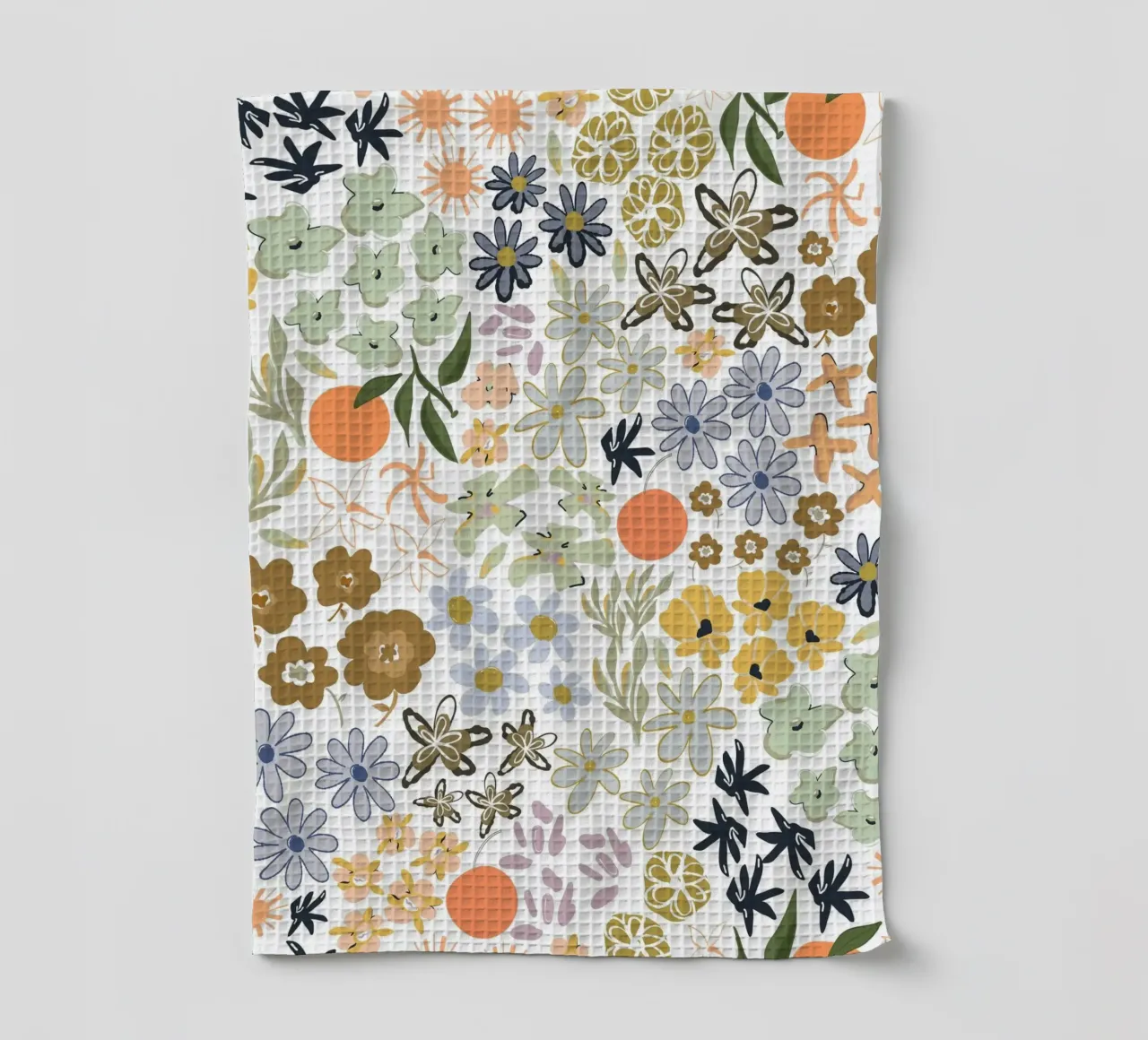 Ditsy colorful pattern with oranges tea towel by gulsengunel