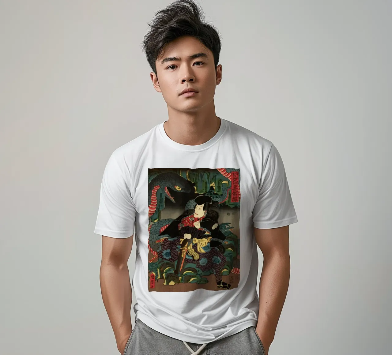 Samouraï combattant un serpent géant - Ukiyo-e japonais d'époque t-shirt de Masterpieces Of Japanese Art