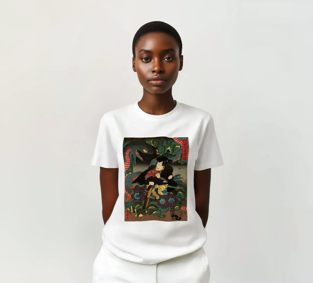 Samouraï combattant un serpent géant - Ukiyo-e japonais d'époque t-shirt de Masterpieces Of Japanese Art