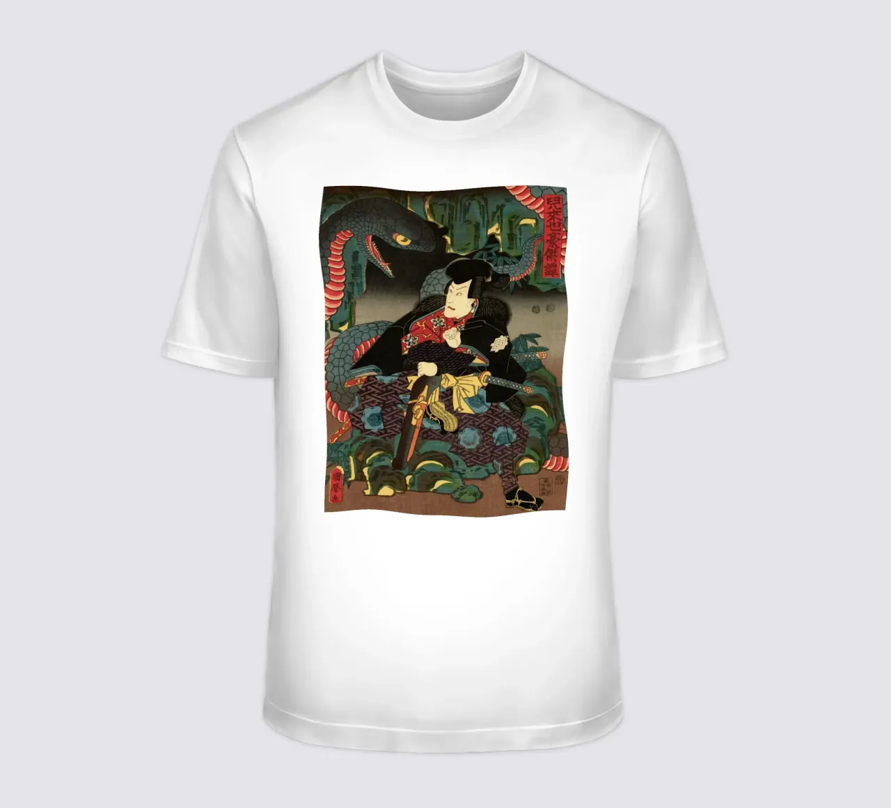 Samouraï combattant un serpent géant - Ukiyo-e japonais d'époque t-shirt de Masterpieces Of Japanese Art