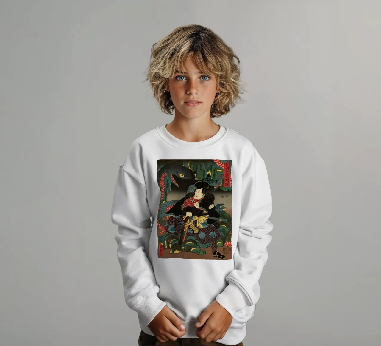 Samurai che combatte contro un serpente gigante - Ukiyo-e giapponese d'epoca felpa bambino da Masterpieces Of Japanese Art
