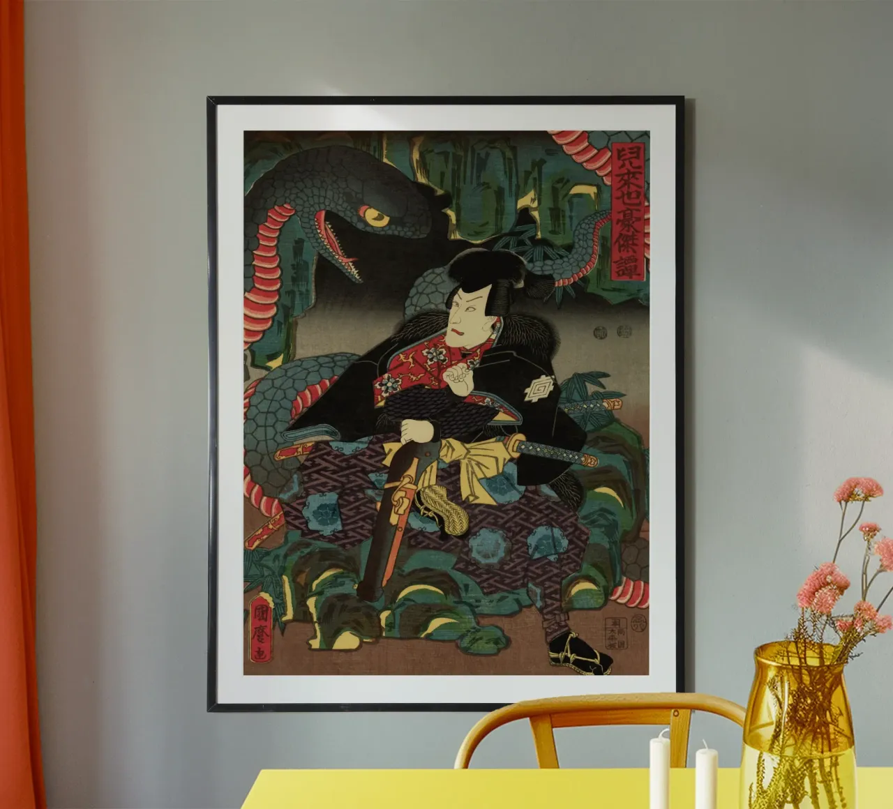 Samouraï combattant un serpent géant - Ukiyo-e japonais d'époque hahnemühle de Masterpieces Of Japanese Art