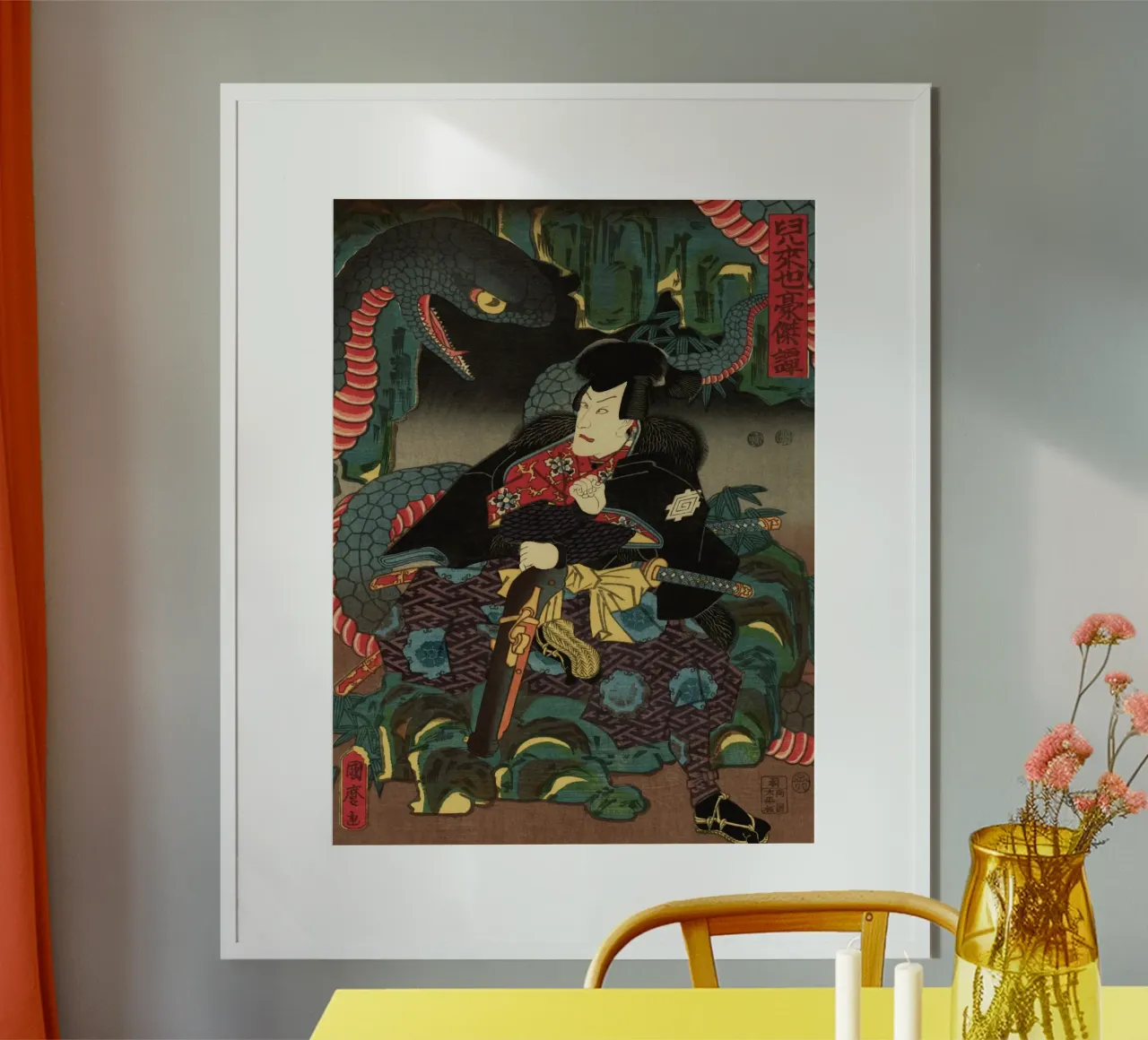 Samouraï combattant un serpent géant - Ukiyo-e japonais d'époque hahnemühle de Masterpieces Of Japanese Art
