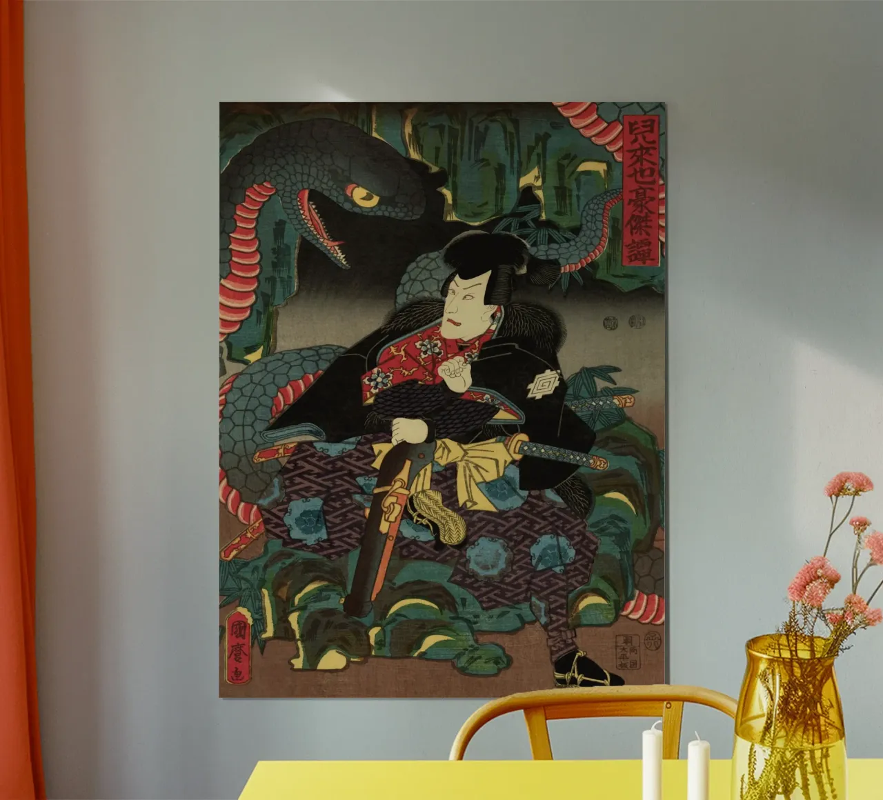 Samouraï combattant un serpent géant - Ukiyo-e japonais d'époque hahnemühle de Masterpieces Of Japanese Art