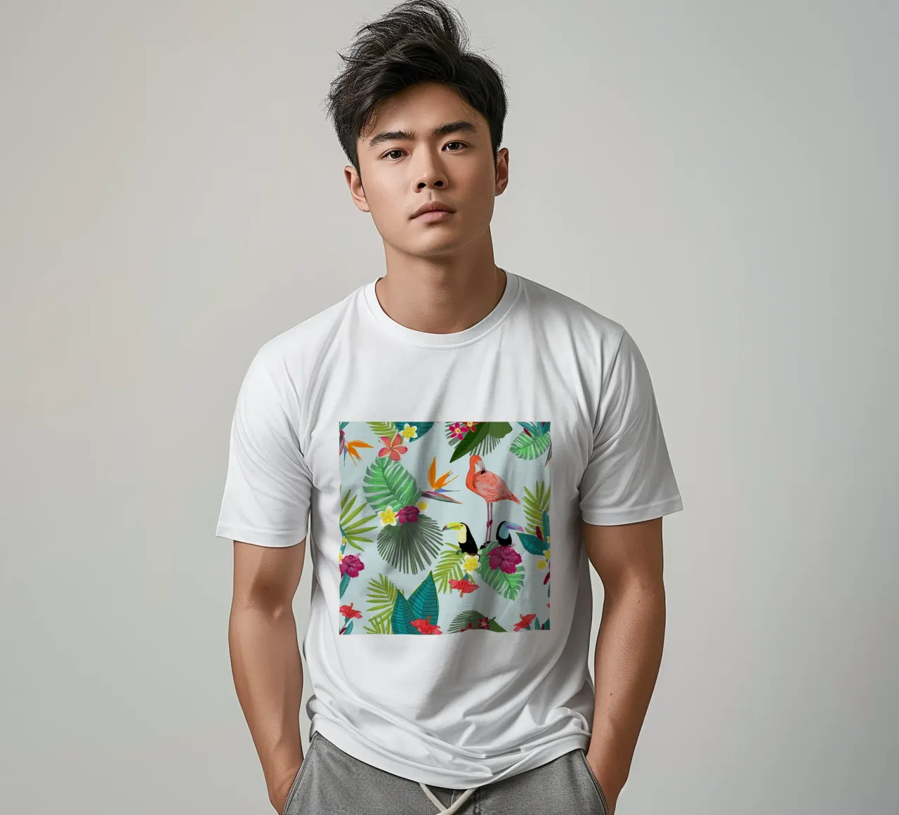 Flamingo and tropical summer pattern t-shirt by gulsengunel