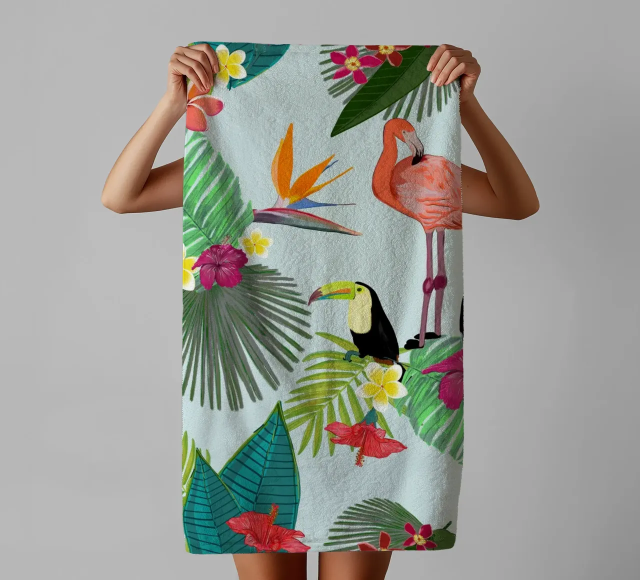 Flamingo and tropical summer pattern towel by gulsengunel