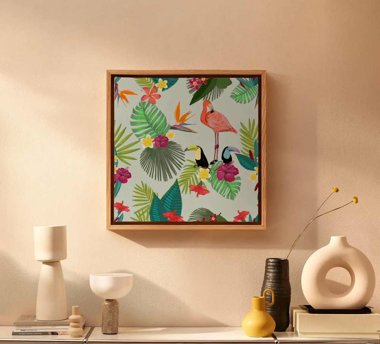 Flamingo and tropical summer pattern canvas with Floater frame by gulsengunel