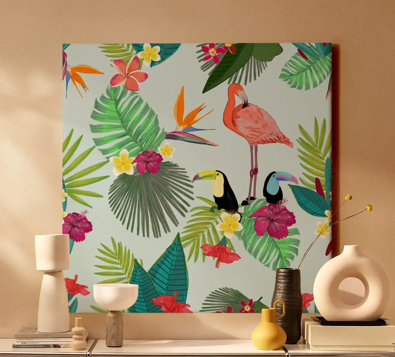 Flamingo and tropical summer pattern canvas with Floater frame by gulsengunel