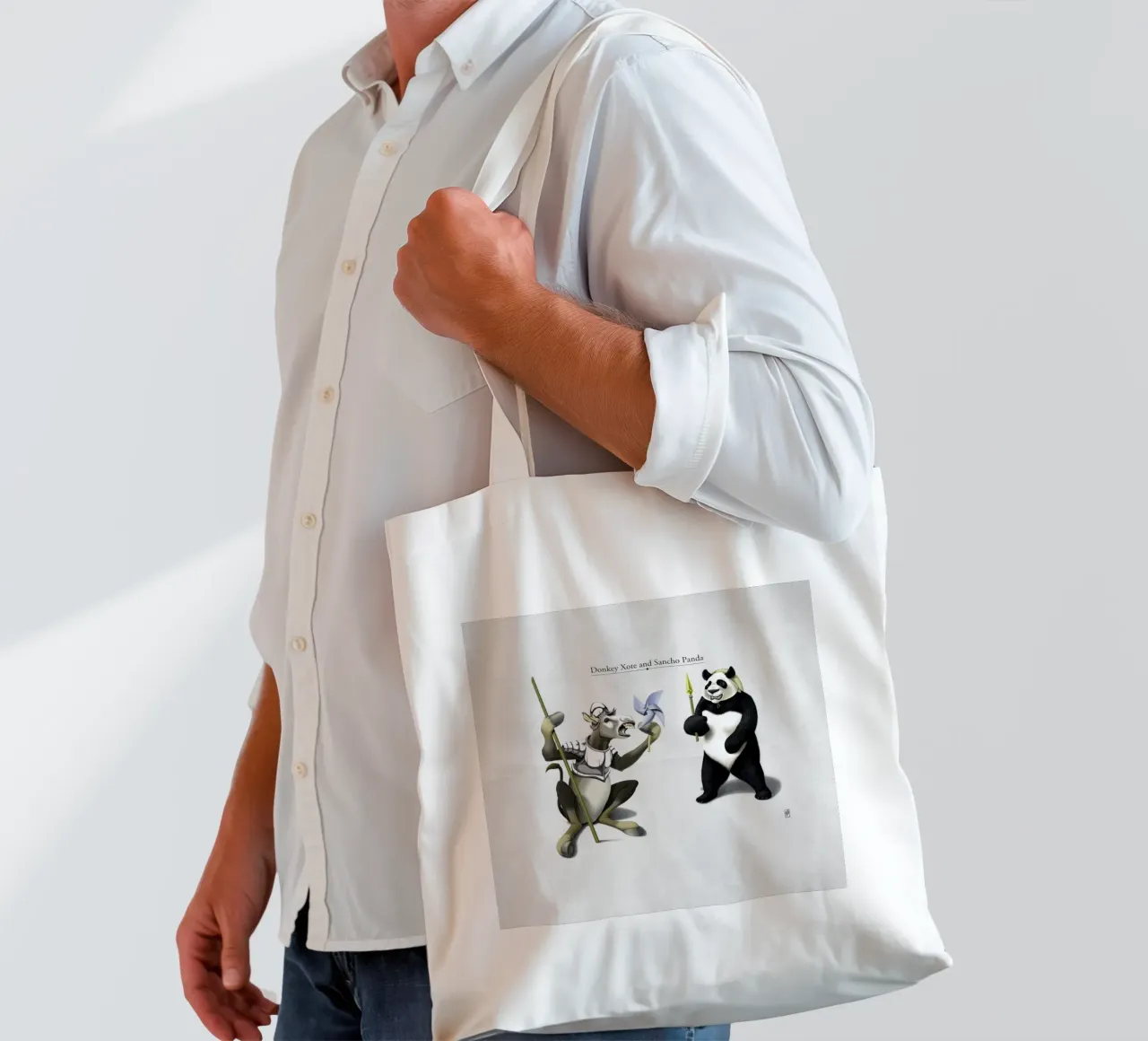 Donkey Xote and Sancho Panda (Titled) borsa in juta da Rob Art | Illustration