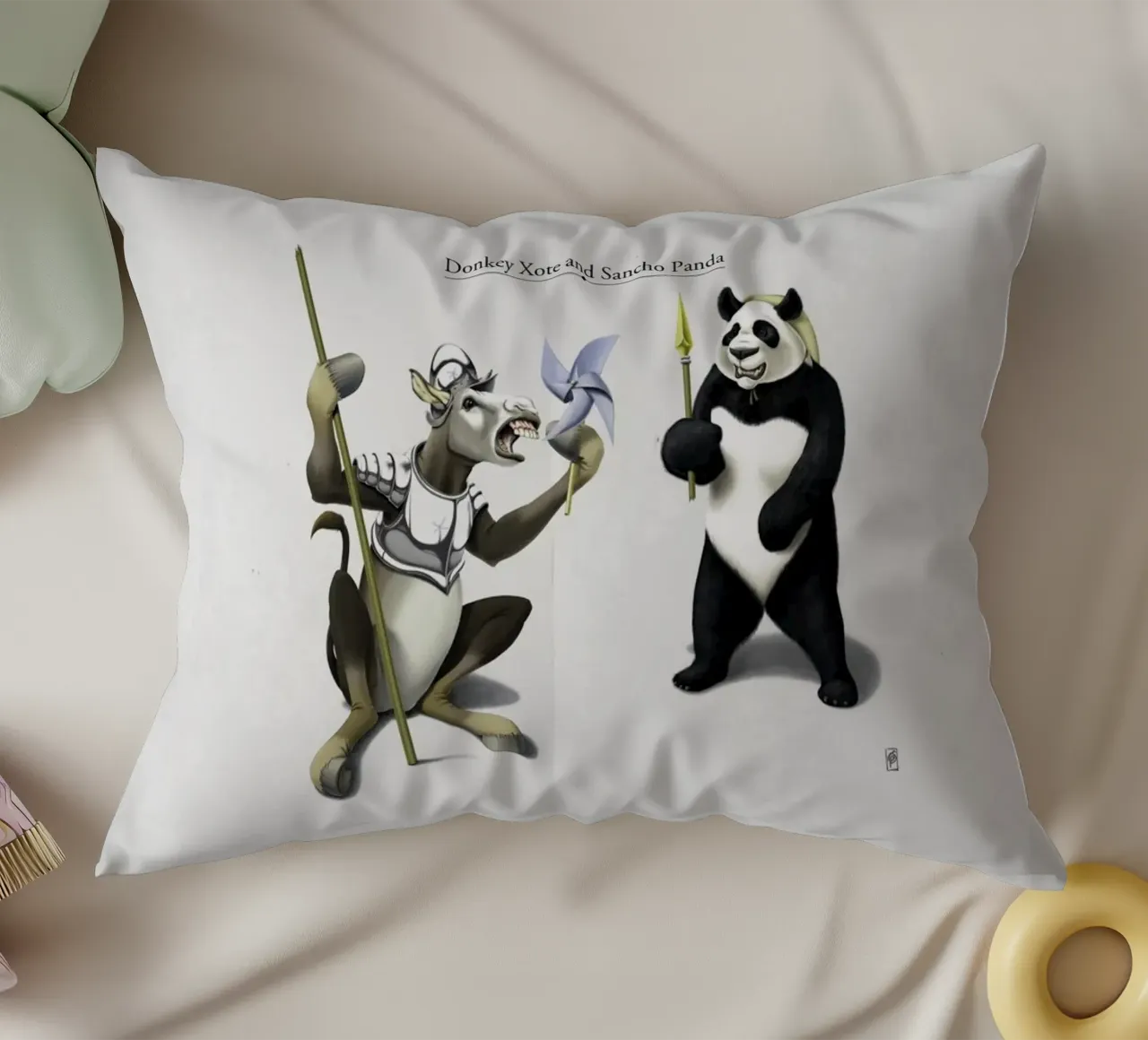 Donkey Xote and Sancho Panda (Titled) cuscino da Rob Art | Illustration