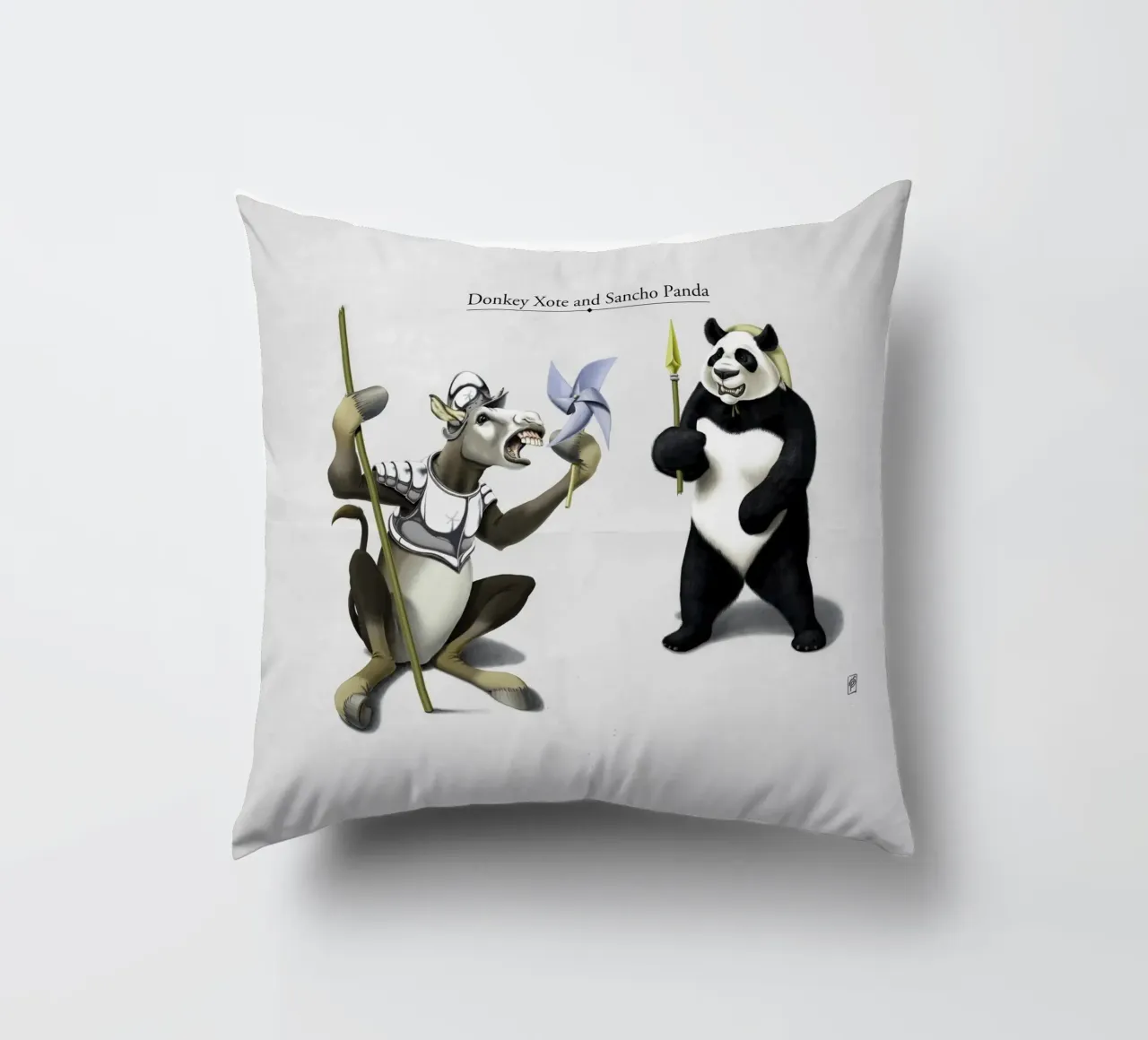Donkey Xote and Sancho Panda (Titled) cuscino da Rob Art | Illustration