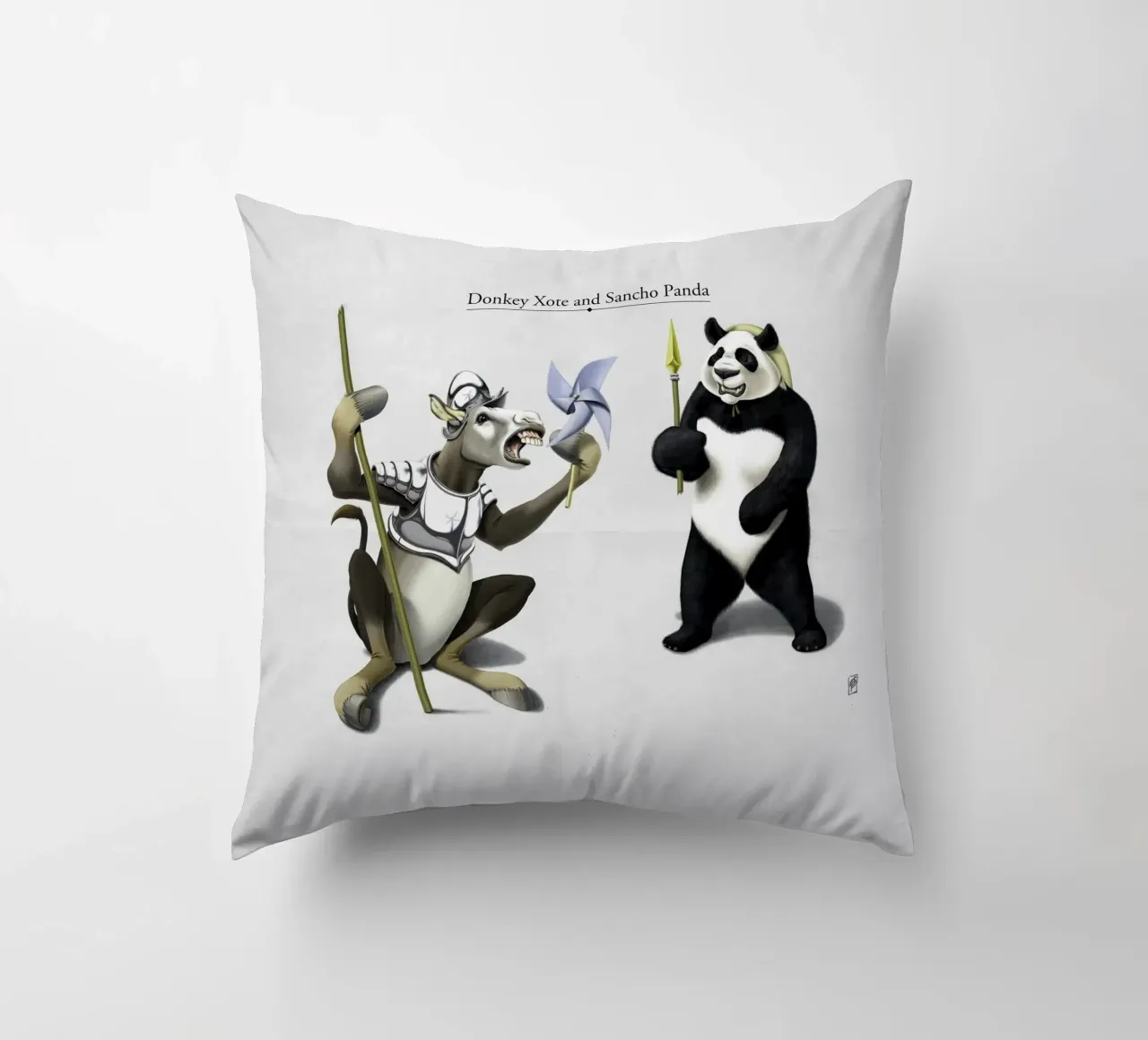 Donkey Xote and Sancho Panda (Titled) cuscino da Rob Art | Illustration