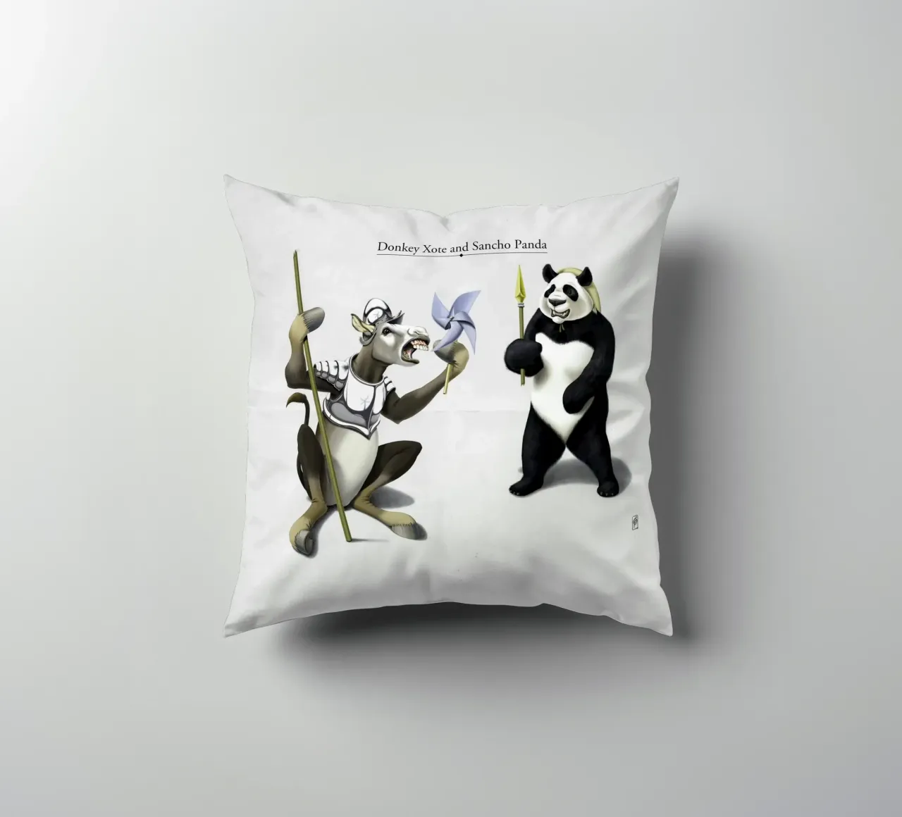 Donkey Xote and Sancho Panda (Titled) cuscino da Rob Art | Illustration