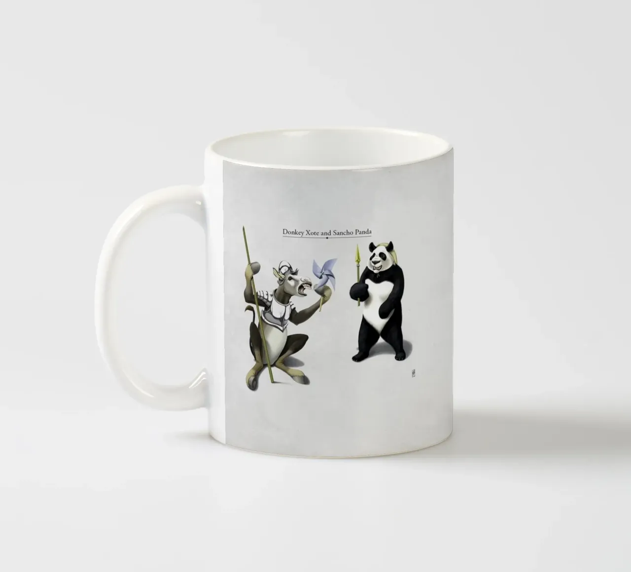 Donkey Xote and Sancho Panda (Titled) tazza in ceramica da Rob Art | Illustration