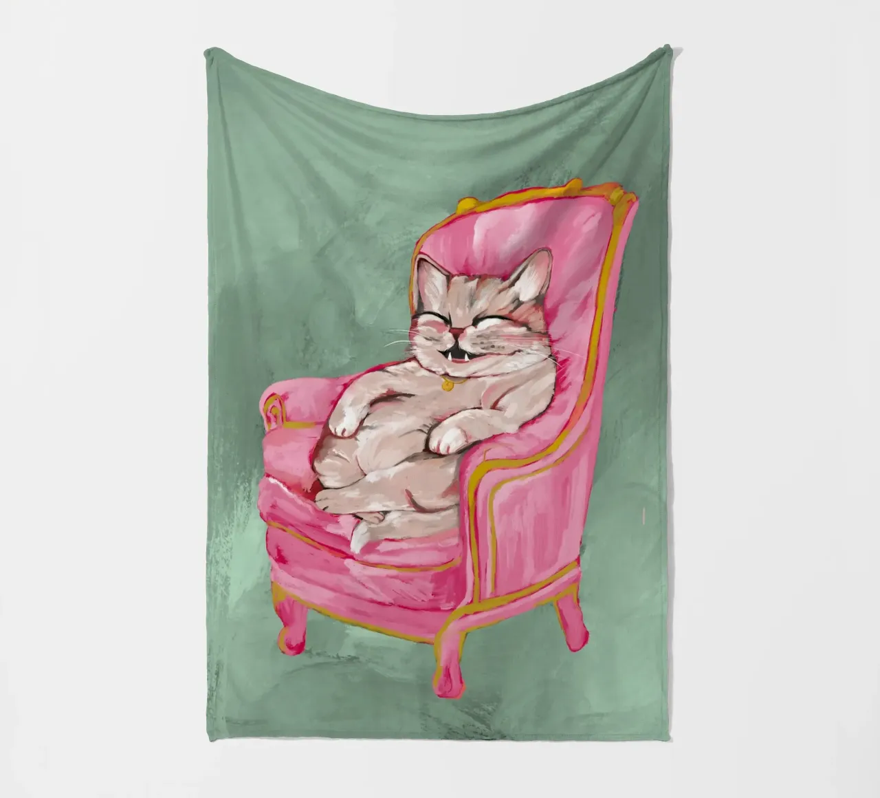 Smiling Cat Lounging on Pink Chair with a Sage Green Wall coperta in pile da mysteriouscoco