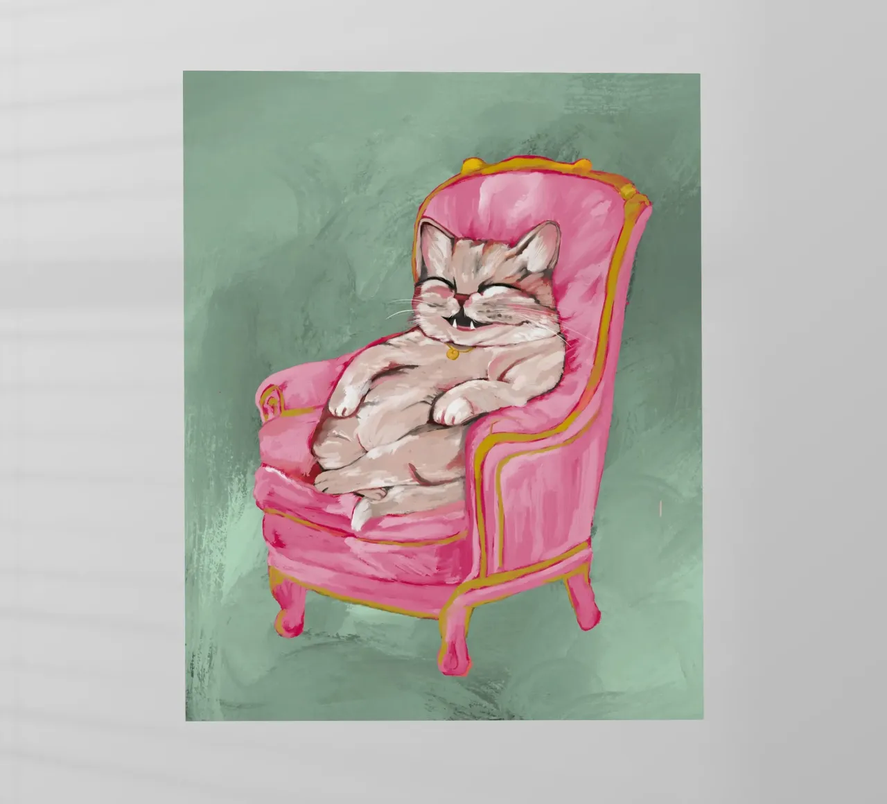 Smiling Cat Lounging on Pink Chair with a Sage Green Wall pellicola backlit da mysteriouscoco