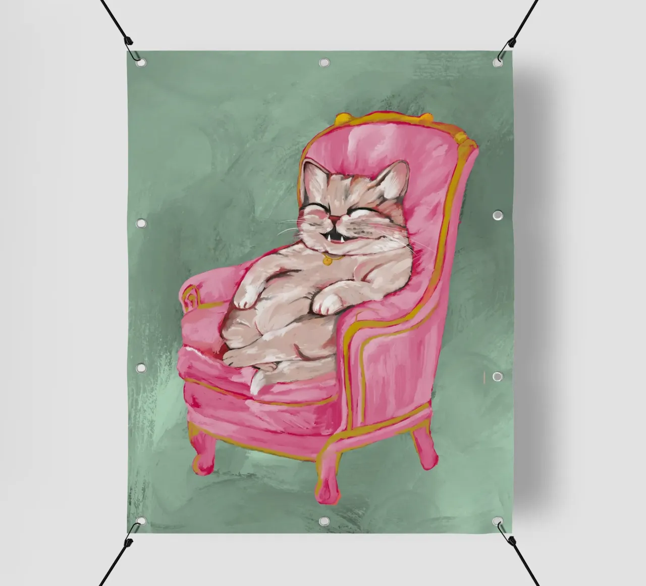 Smiling Cat Lounging on Pink Chair with a Sage Green Wall telo in pvc da mysteriouscoco