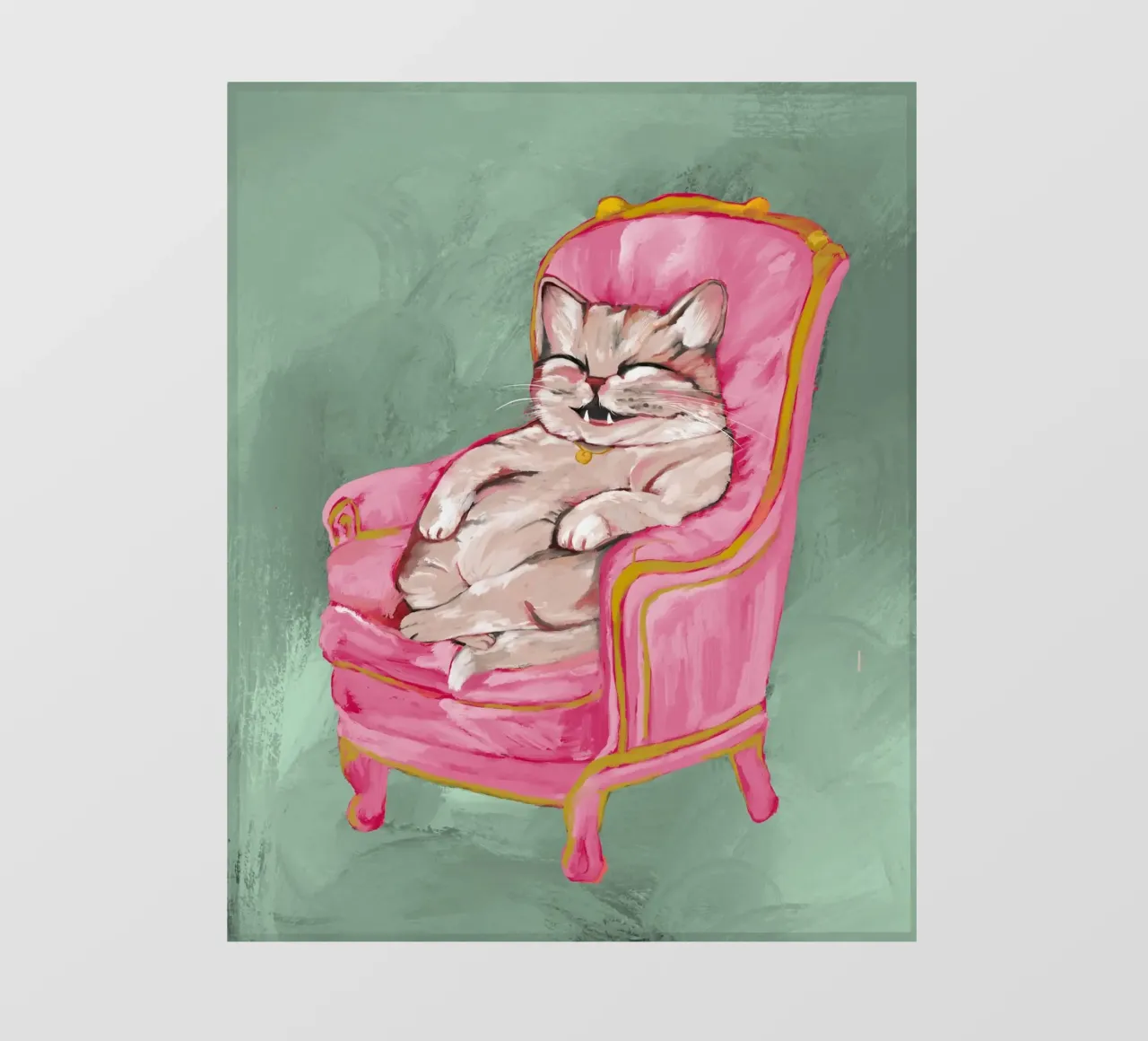 Smiling Cat Lounging on Pink Chair with a Sage Green Wall telo in pvc da mysteriouscoco