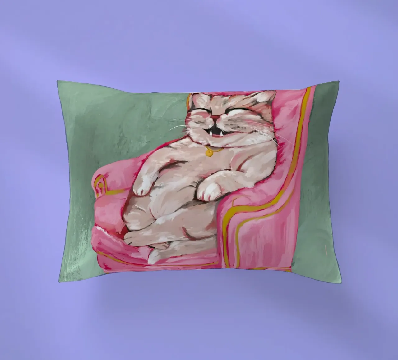 Smiling Cat Lounging on Pink Chair with a Sage Green Wall cuscino da mysteriouscoco