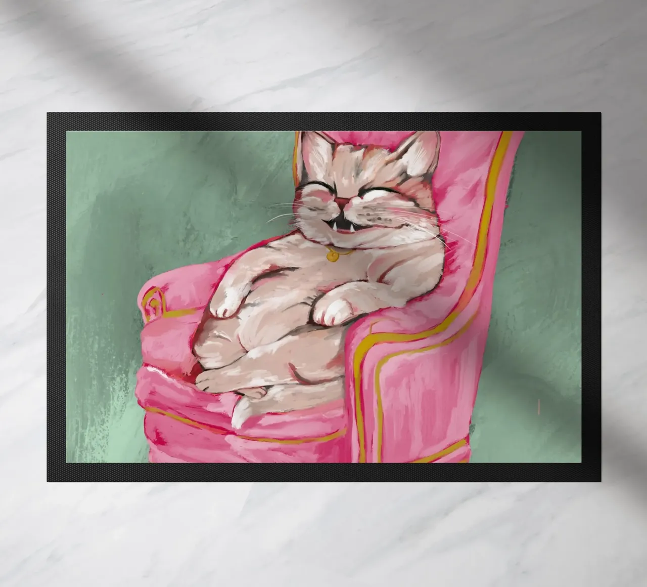 Smiling Cat Lounging on Pink Chair with a Sage Green Wall zerbino da mysteriouscoco