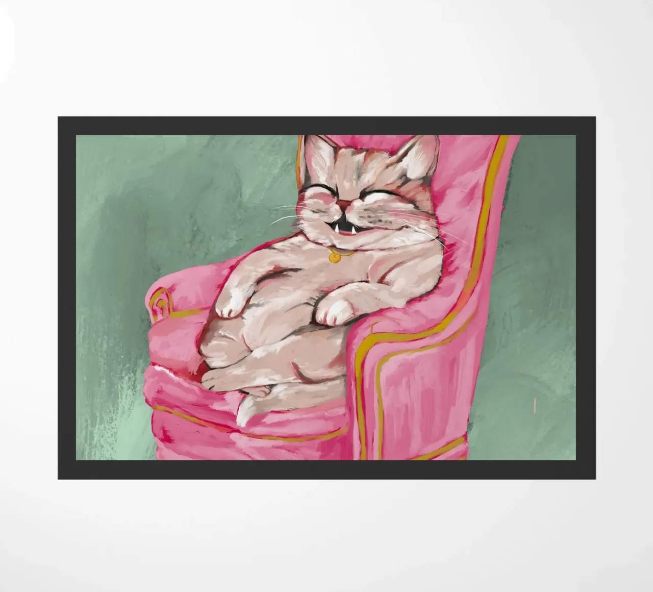 Smiling Cat Lounging on Pink Chair with a Sage Green Wall zerbino da mysteriouscoco
