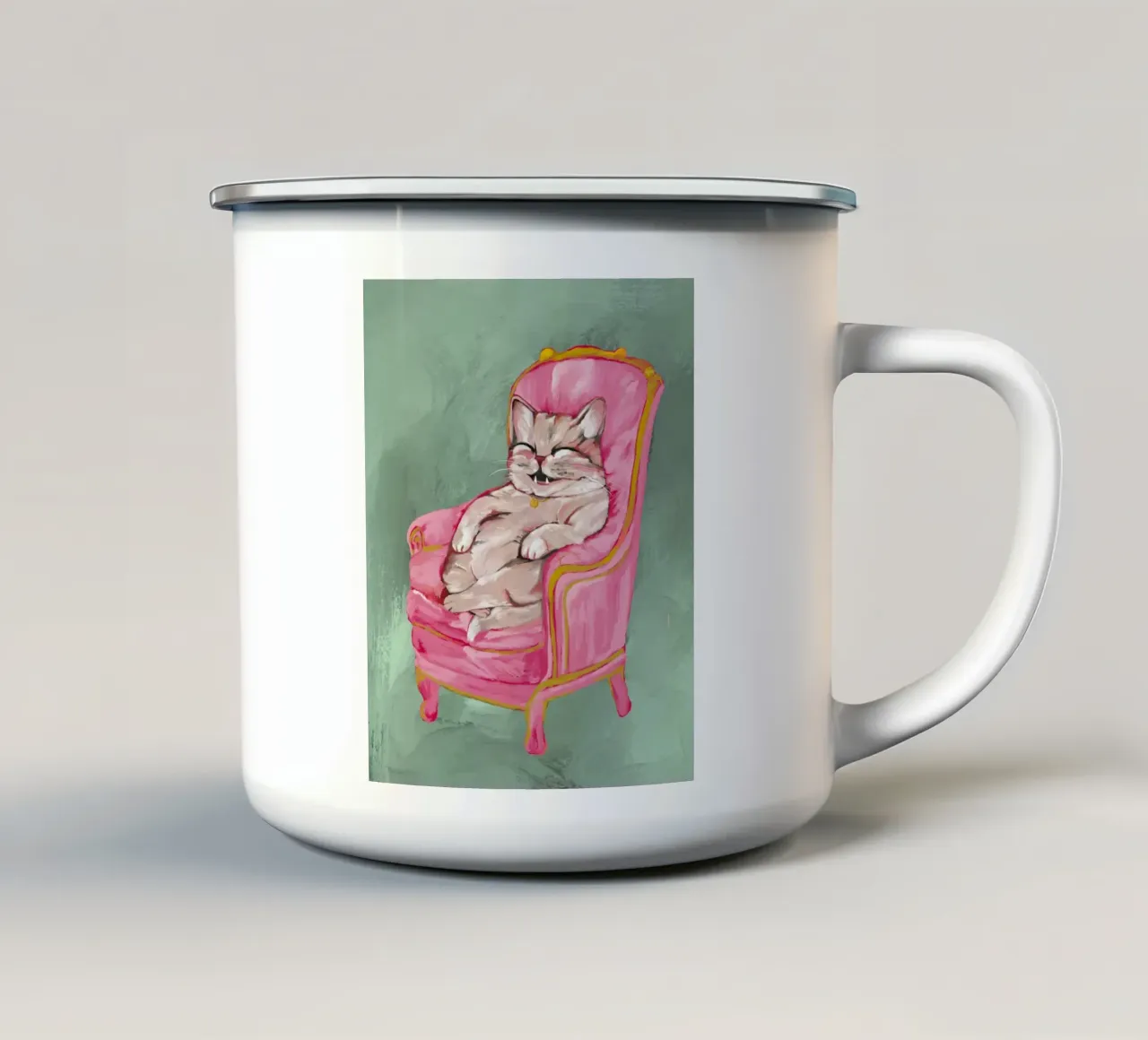 Smiling Cat Lounging on Pink Chair with a Sage Green Wall tazza in smalto da mysteriouscoco