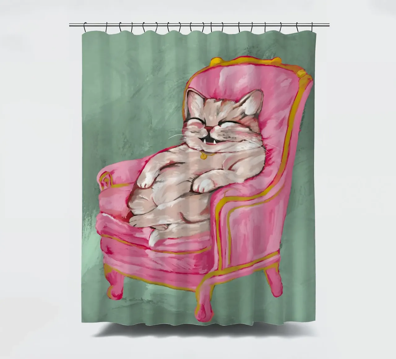 Smiling Cat Lounging on Pink Chair with a Sage Green Wall tenda da doccia da mysteriouscoco