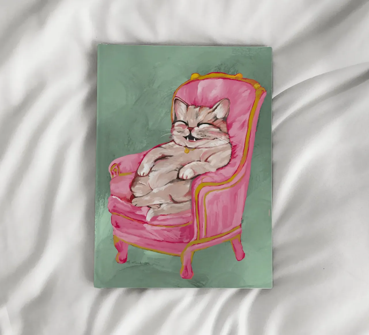 Smiling Cat Lounging on Pink Chair with a Sage Green Wall diario da mysteriouscoco